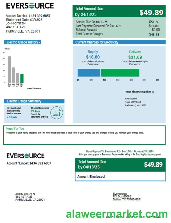 USA Eversource utility bill template in Word and PDF formats, version 2